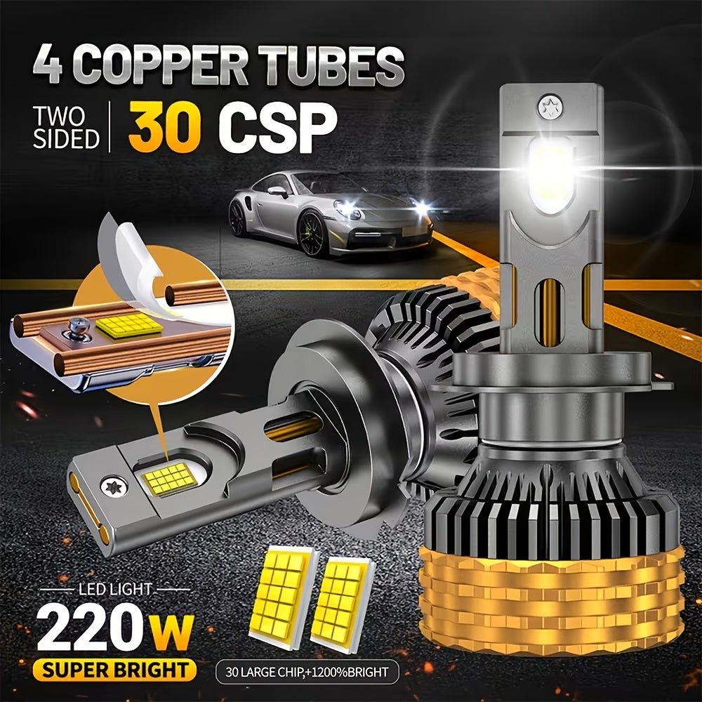 Pair of 220W LED Bulbs, Compatible with H7, H4, H11 and More, Equipped with Two Copper Tubes, Suitable for All Types of Car Headlights, Operating Voltage 12V/24V, Color Temperature 6500K, No Battery Included