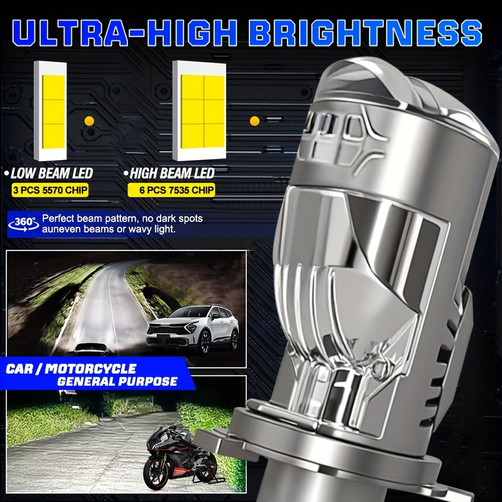 2-Pack H4 9003 HB2-QB070 50000 Lumens LED Projector Headlight with Cooling Fan, Car High/Low Beam Bulb 12V, Night Driving, Compact Design, Energy Saving Bulb, Night Commute, Suitable for Car Owners, No Battery Included