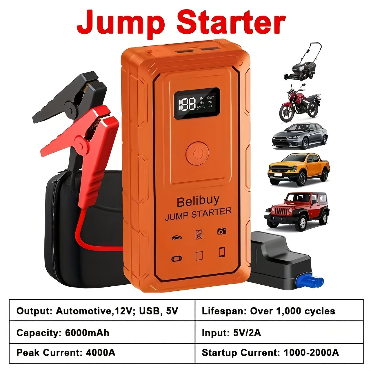 High-Power Portable Car Jump Starter | Advanced Emergency Vehicle Starter - Powerful 6000mAh Rechargeable Battery, USB Charging, for Vehicles Under 36V, Upgraded Version, Reliable Emergency Power Source
