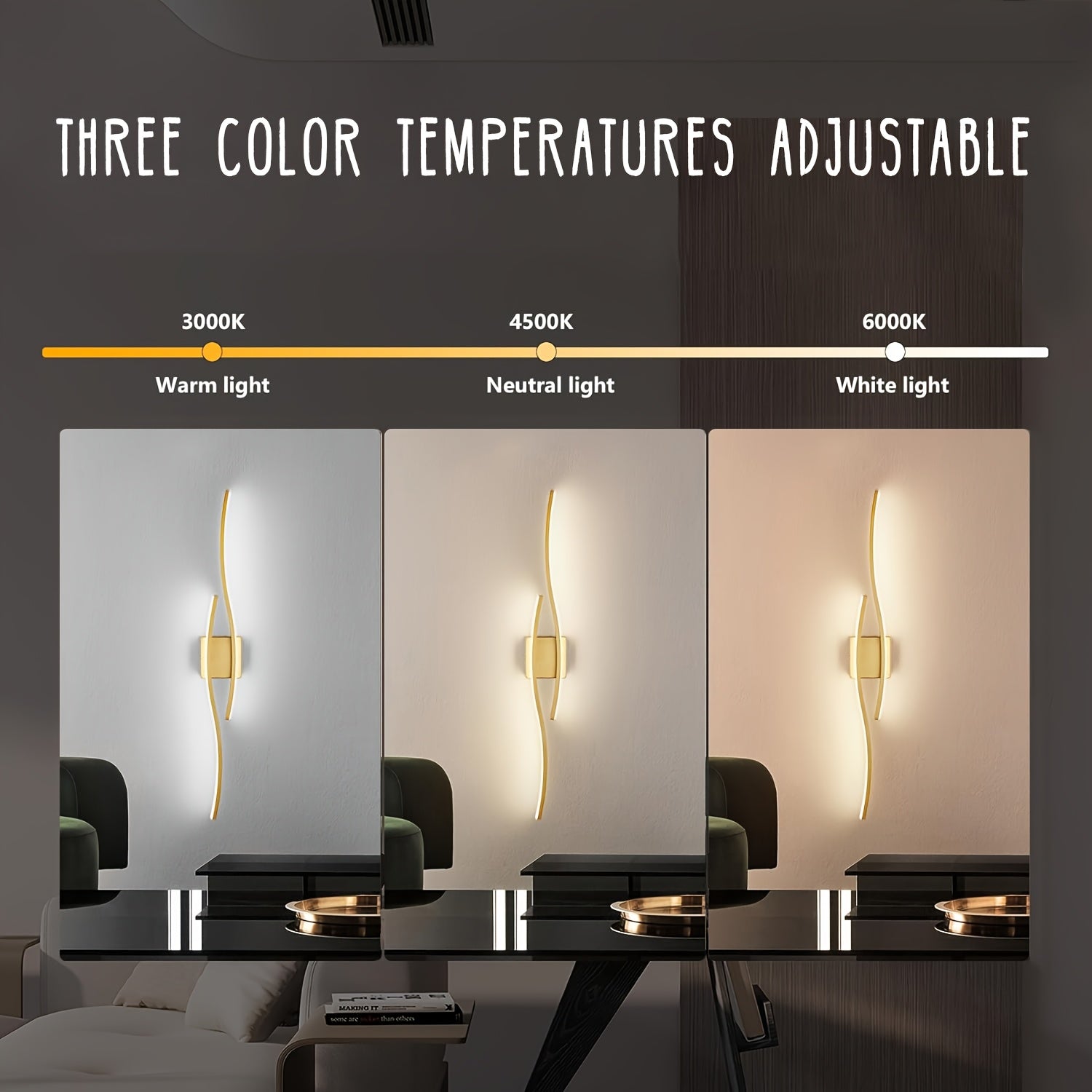 1PC Gold LED Wall Light, Rechargeable Wall Fixture, Removable Recessed Installation, 3-Color Dimmable, Perfect for Living Room, Bedroom, Dining Room, Cafe, Hotel and Bathroom, Decorative Wall Light | Modern Lighting Sconce | High Quality Vanity Light