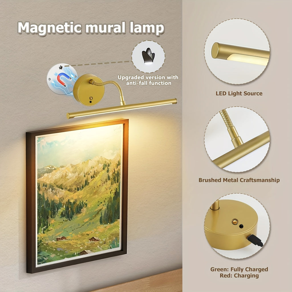 LED Art Picture Light, Rechargeable Remote Control Wall Picture Light, 3-Color Adjustable Color Temperature, Magnetic Installation, Optional Black/Gold Housing – Suitable for Wall Washing, Photography, Murals, Artwork and Display Lighting