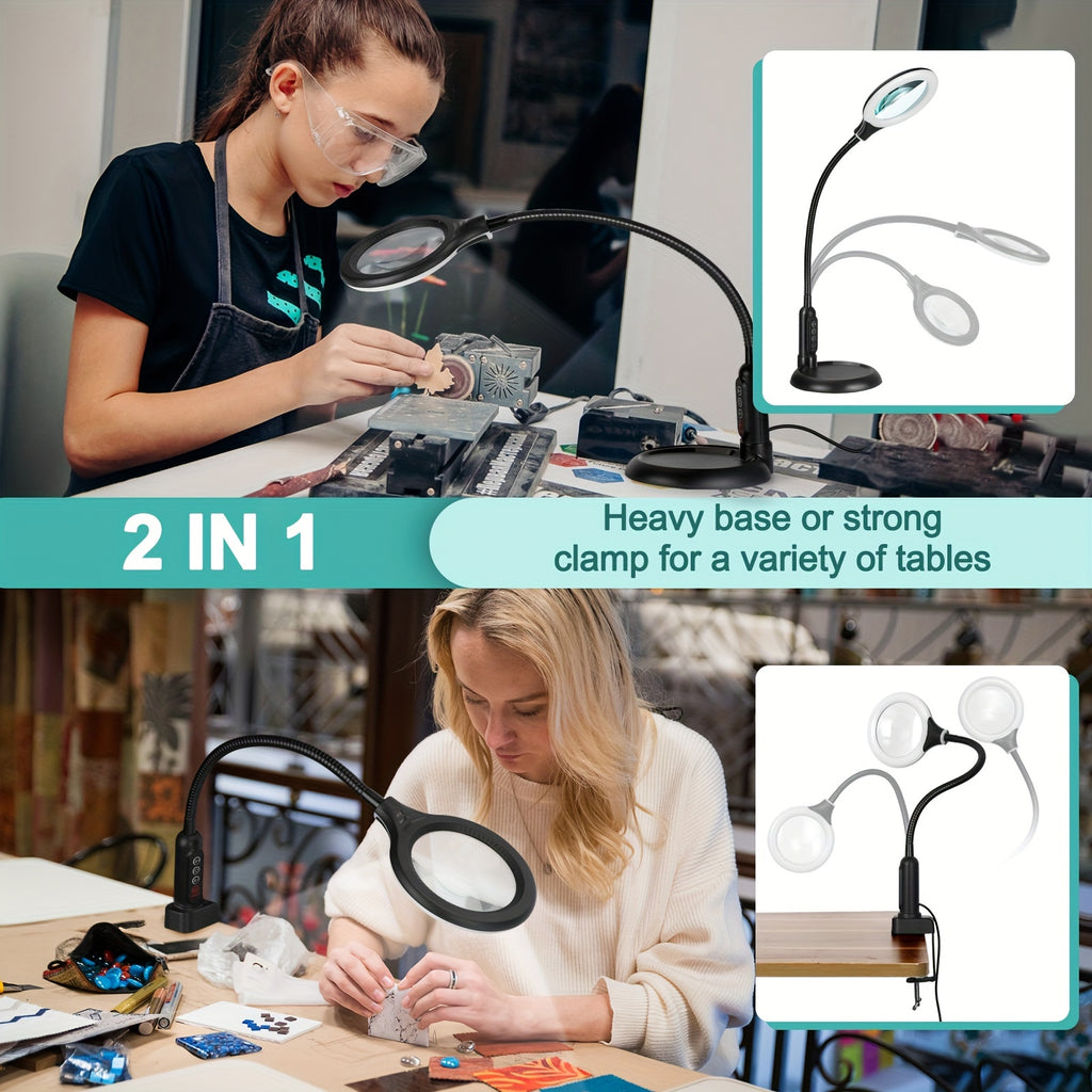 16-inch gooseneck arm, 10x magnifier lamp, adjustable swivel device with clamp, 5 light colors stepless dimming, 2-in-1 hands-free LED desk lamp, suitable for close-up work, office and other places