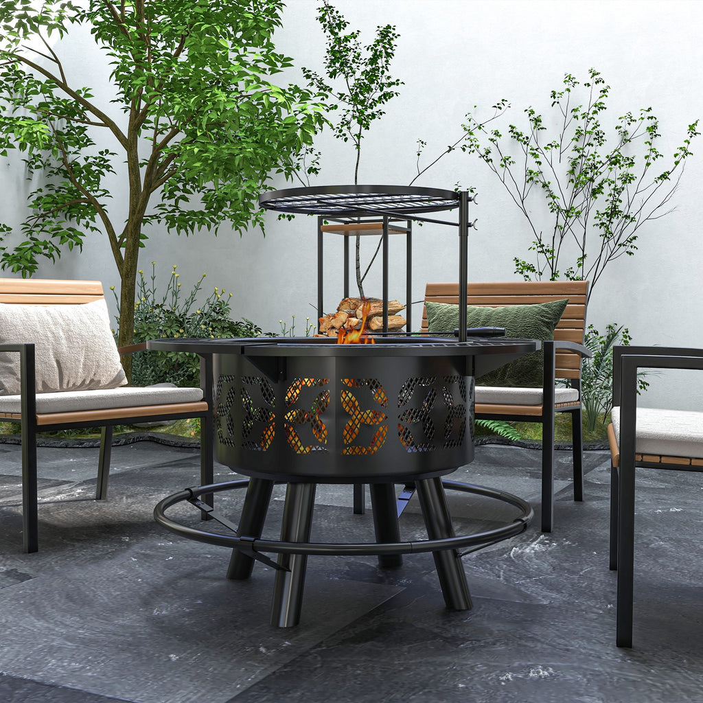 2-in-1 Fire Pit & Charcoal BBQ Grill, 33-Inch Portable Wood Burning Fire Pit with Adjustable Cooking Grate, Pan & Poker, Camping Bonfire Stove, Black