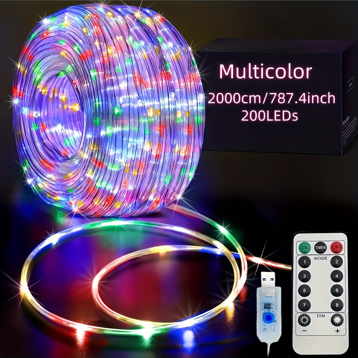 1件USB庭院透明管子串灯，遥控仙女灯条、装饰灯条，50/100/200LED，适用于室内或室外造型如圣诞树、花园植物、室内楼梯、户外围栏，DIY任何节日场景礼物装饰，8种模式开启