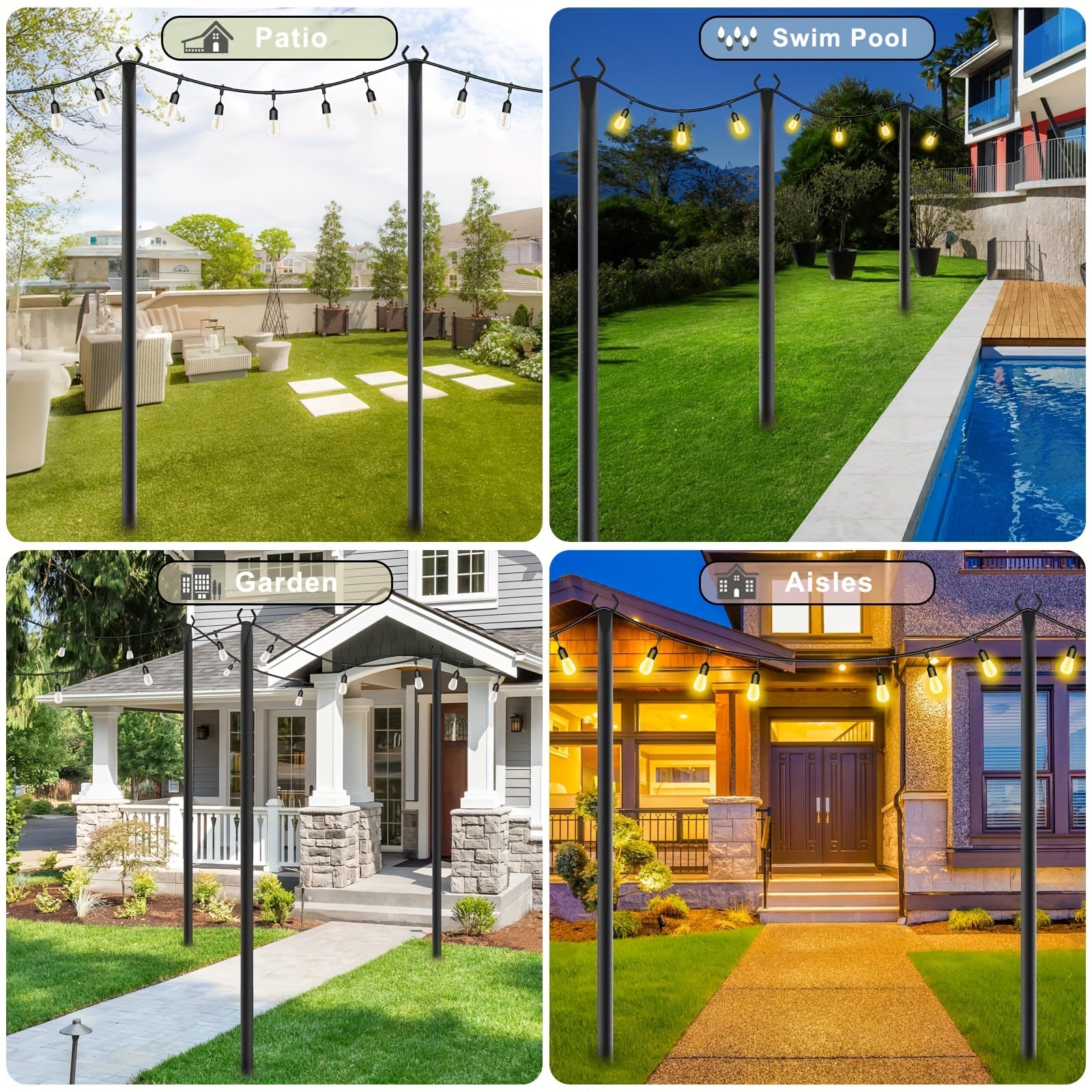 4/6 Pack 10FT String Light Poles, Galvanized Metal Outdoor String Light Poles, Courtyard Light Pole with Fork Design, Perfect for Backyard, Patio, Deck, Garden, Wedding and Party, 2-in-1 Design