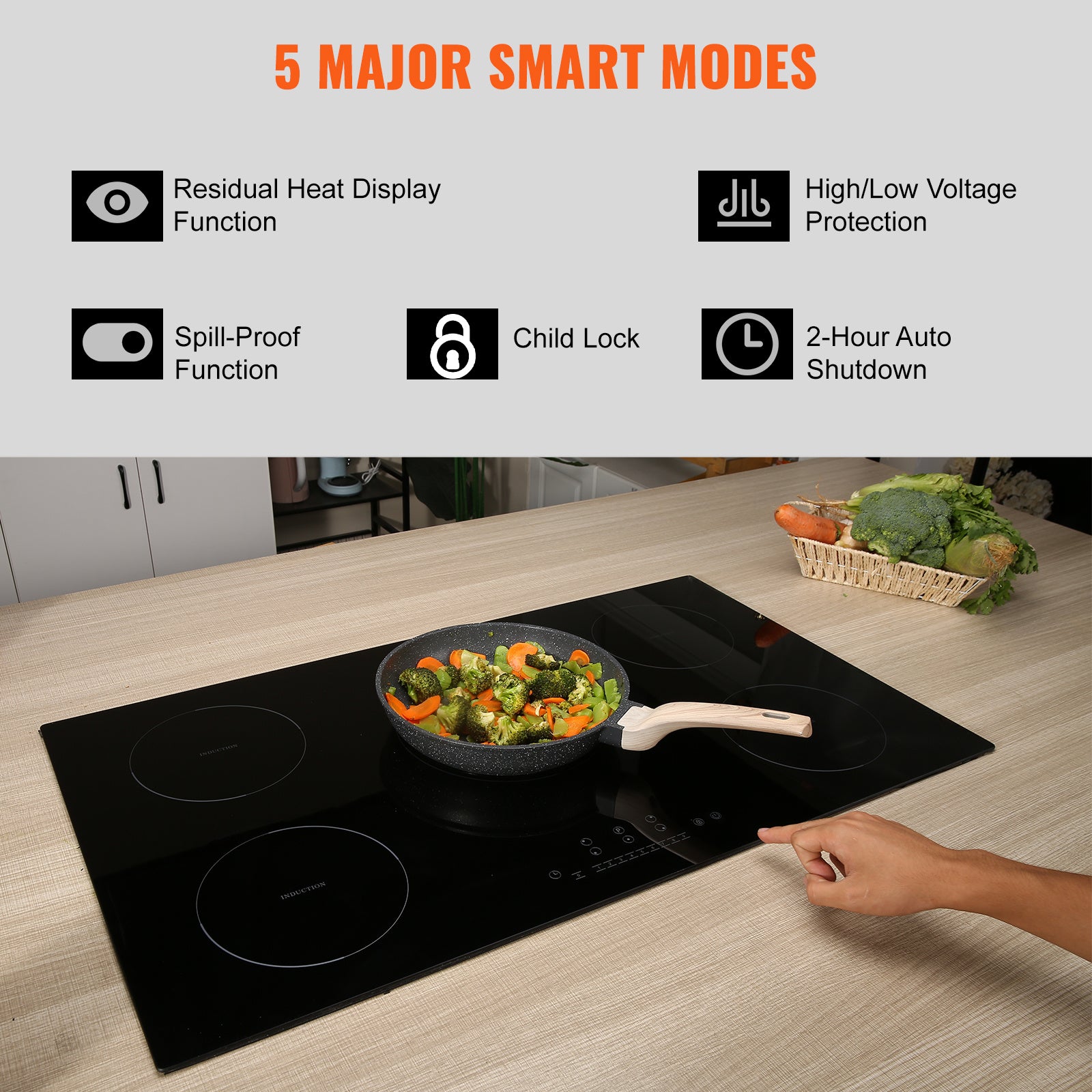 VEVOR Induction Cooktop, 5 Burners, 36-Inch Induction Stove, Built-In Magnetic Cooktop 9200W, 9-Level Multi-Function Burner, LED Touch Screen with Child Lock & Over-Temperature Protection