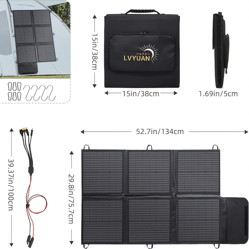 LVYUAN 可攜式太陽能板，提供 120W、200W、300W 和 400W 的選項，採用可折疊設計和高效單晶太陽能電池，效率高達 22.5%，非常適合戶外活動、船隻、露營