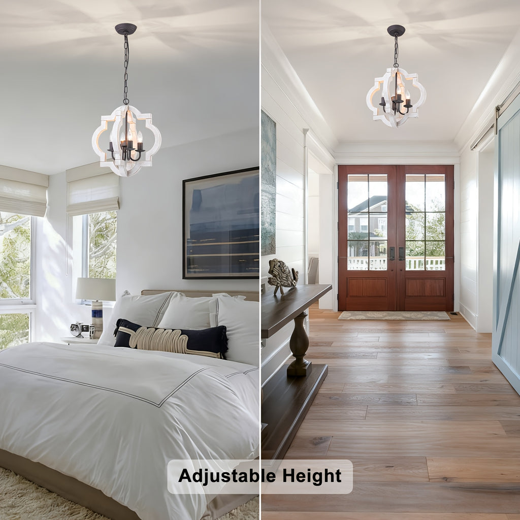 16" oak farmhouse pendant light | faux aged white wood chandelier, suitable for dining room, kitchen, living room, bedroom, entryway, foyer | semi-flush mount installation, polished metal lamp head, E12 bulb base, hardwired, MENCOLULU brand