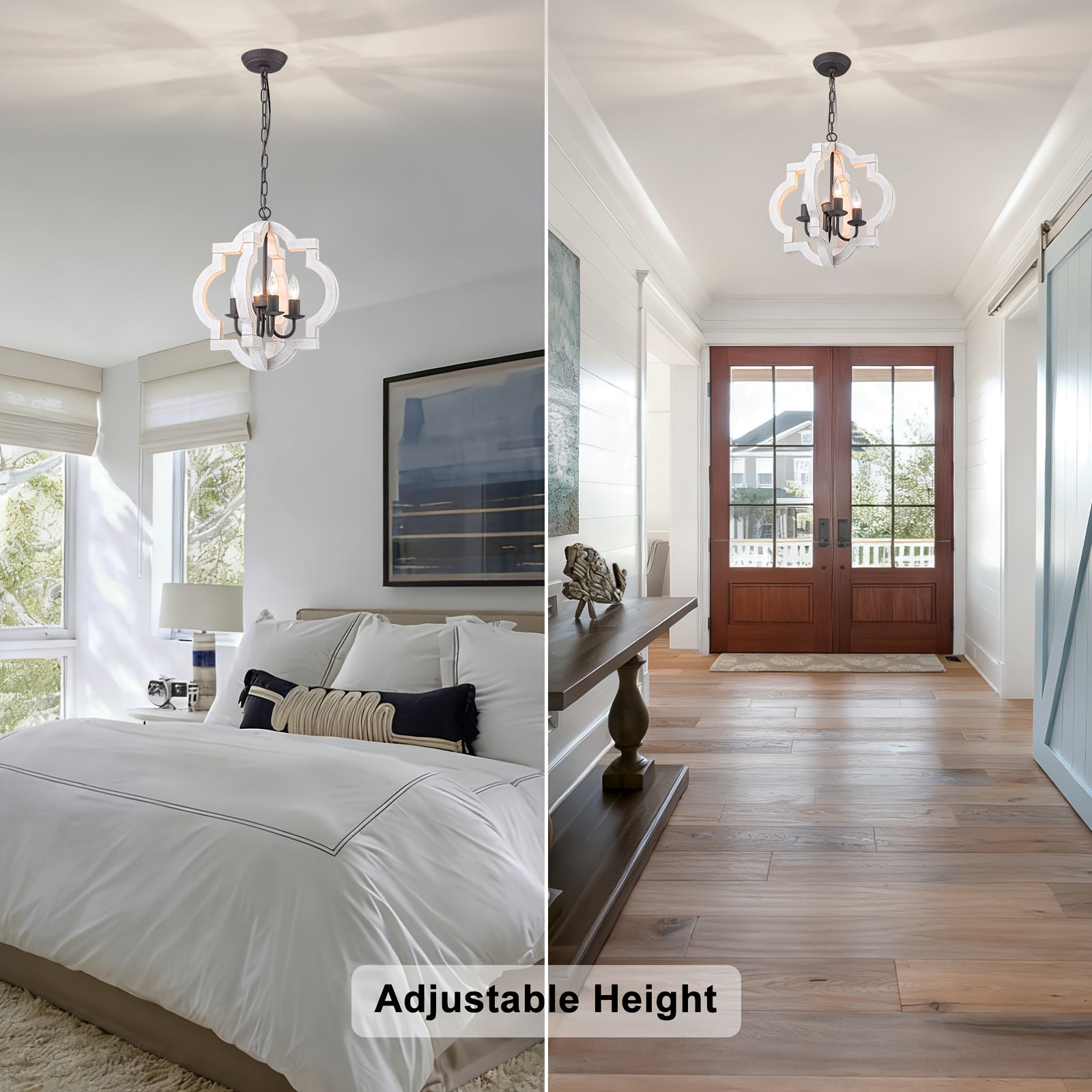 16" oak farmhouse pendant light | faux aged white wood chandelier, suitable for dining room, kitchen, living room, bedroom, entryway, foyer | semi-flush mount installation, polished metal lamp head, E12 bulb base, hardwired, MENCOLULU brand