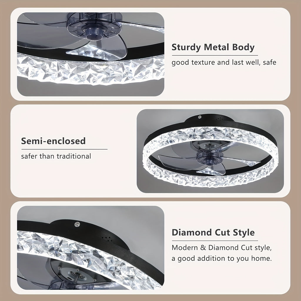 Low Profile Ceiling Fan with Light and Remote Control, Fandelier 19.7 Inch Semi-Flush Mount, 3000K-6500K Smart Bladeless LED, Black Modern Bedroom Ceiling Fan, Acrylic Lampshade, Hardwired, Remote Control