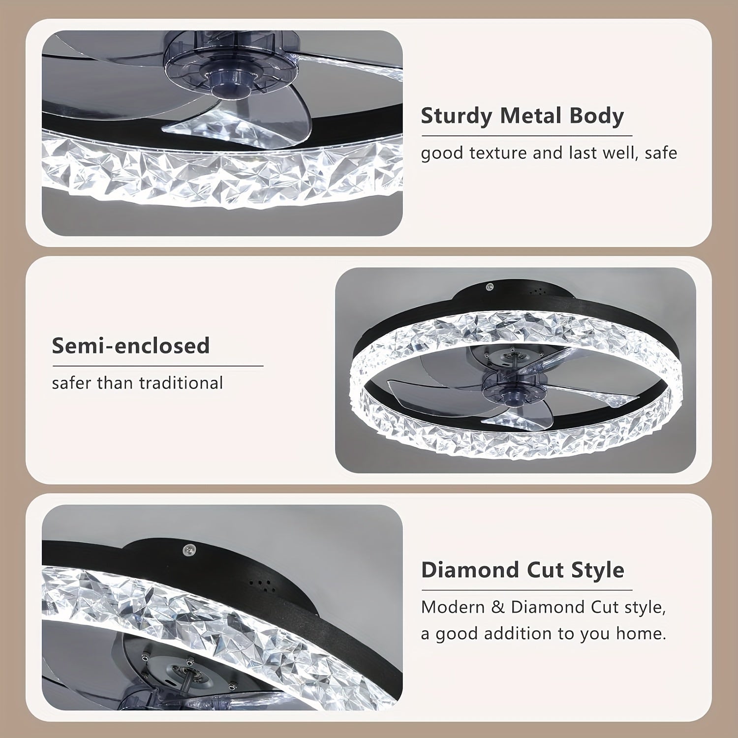 Low Profile Ceiling Fan with Light and Remote Control, Fandelier 19.7 Inch Semi-Flush Mount, 3000K-6500K Smart Bladeless LED, Black Modern Bedroom Ceiling Fan, Acrylic Lampshade, Hardwired, Remote Control