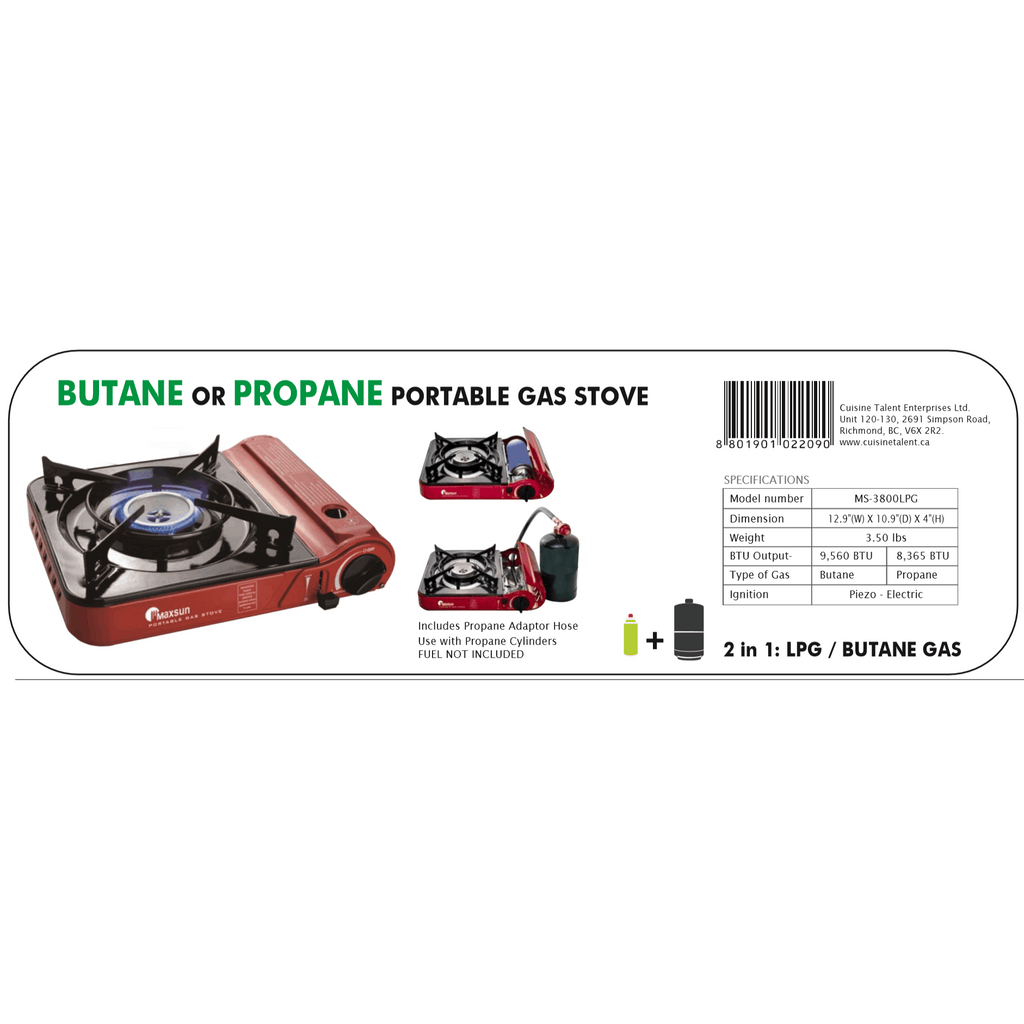 Butane or Propane Dual-Fuel Portable Gas Stove MS-3800LPG (Red), Maximum Power 9,560 BTU, Camping Cooker with Carrying Case