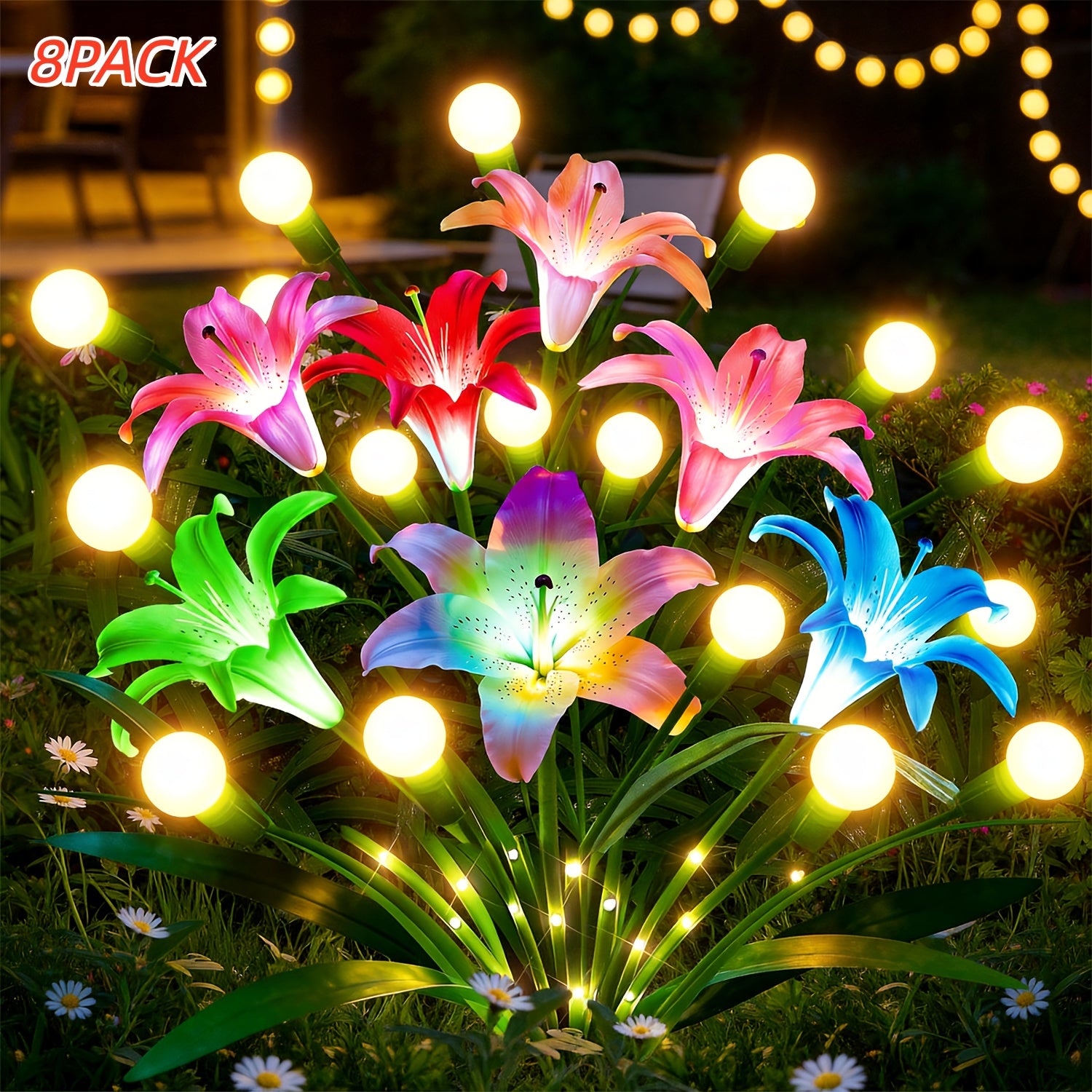 8/4 Pack Solar Garden Light Set - New Upgraded Outdoor Solar Light, 7-Color Changing Lily Light, Perfect for Courtyard, Includes 12 Realistic Lilies & 24 Firefly Lights, Garden Decoration, More Realistic Lily Flower - Birthday & Holiday Gift