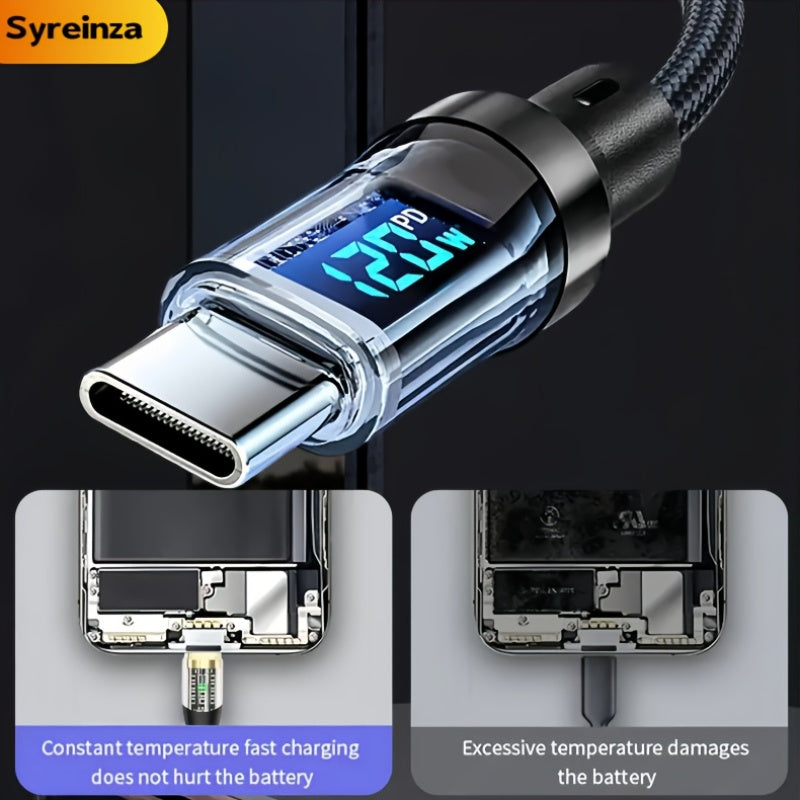 120W6A超快充USB-C线，Type-C转Type-C，黑色扁平尼龙PVC资料同步线，附实时数位显示器,≤36V工作电压，品牌Syreinza，适合家庭办公室旅行尼龙编织加固耐用高品质科技爱好者数据线适用于 iPhone, Android, Samsung