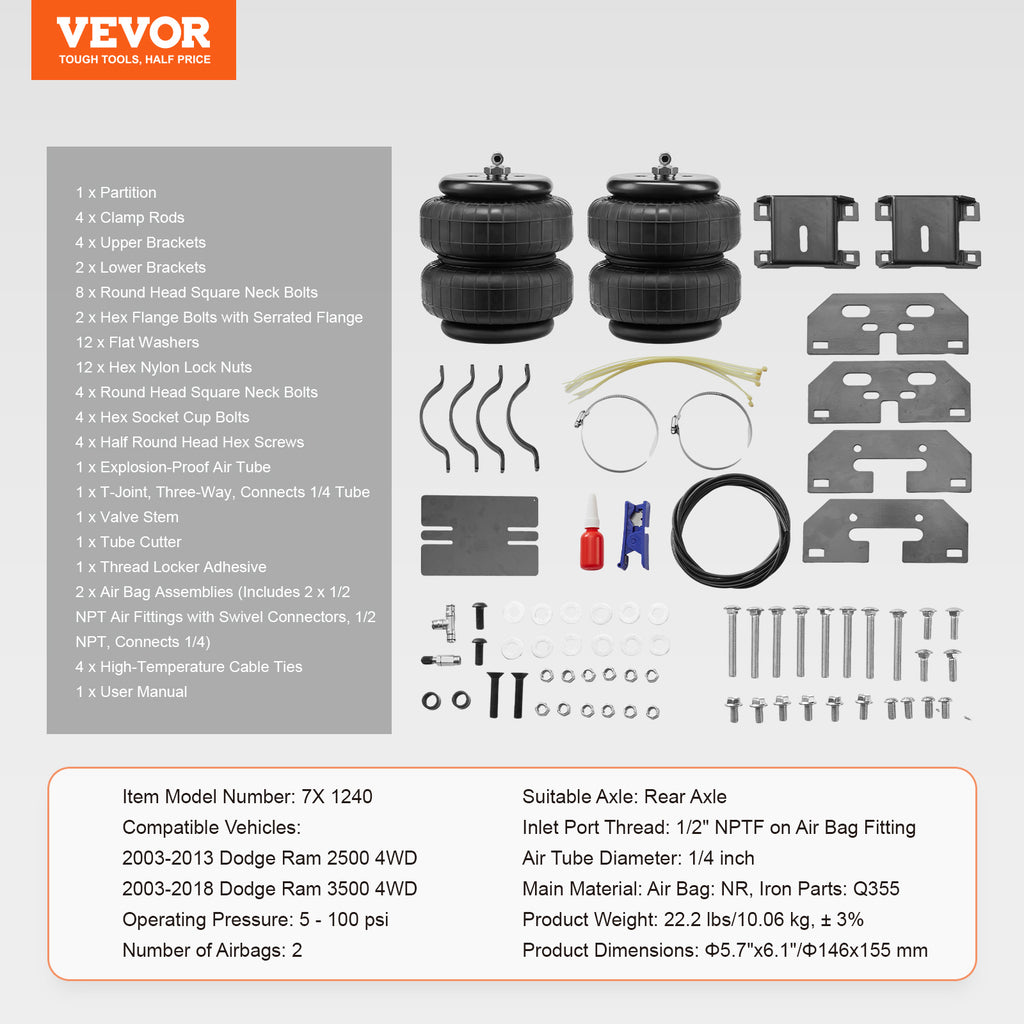 VEVOR Air Bag Suspension Kit, Air Spring Suspension Bag Kit, 5000 Lbs Load Capacity, 5 to 100 PSI
