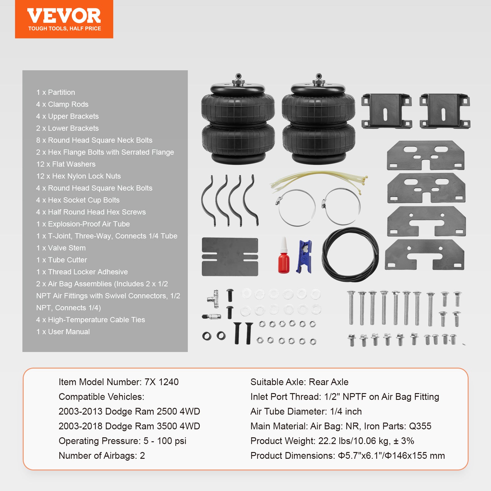 VEVOR Air Bag Suspension Kit, Air Spring Suspension Bag Kit, 5000 Lbs Load Capacity, 5 to 100 PSI