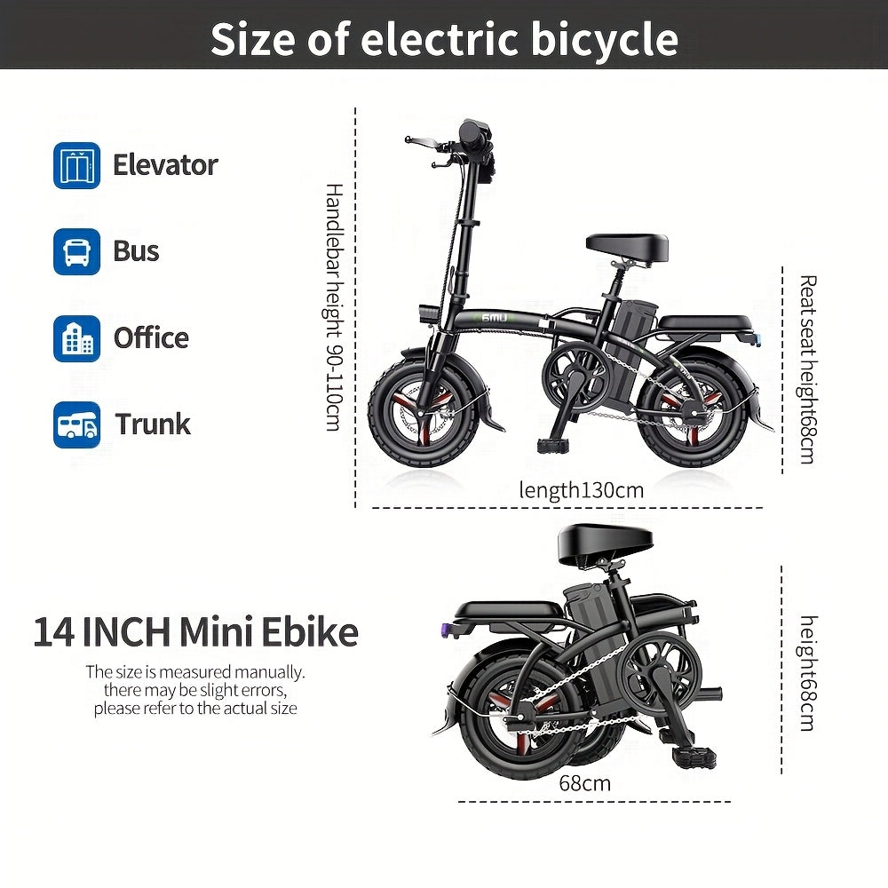 400W 电动自行车 20 英里/小时速度，45 英里行程可折叠且易于携带 14 英寸型号可用可拆卸储物盒，双制动器，电池/电源双用，美国标准插头，专用电动自行车日常通勤