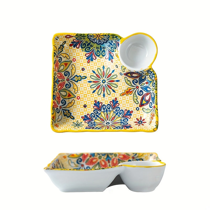 NTKOW 1 Set of 4 Bohemian Style Art Ceramic Dinner Plates – 8-Inch Multi-Purpose Steaming & Serving Bun Plate – Microwave Safe, Beautiful Hand-Painted Design – Suitable for Home & Commercial Use, Easy to Clean