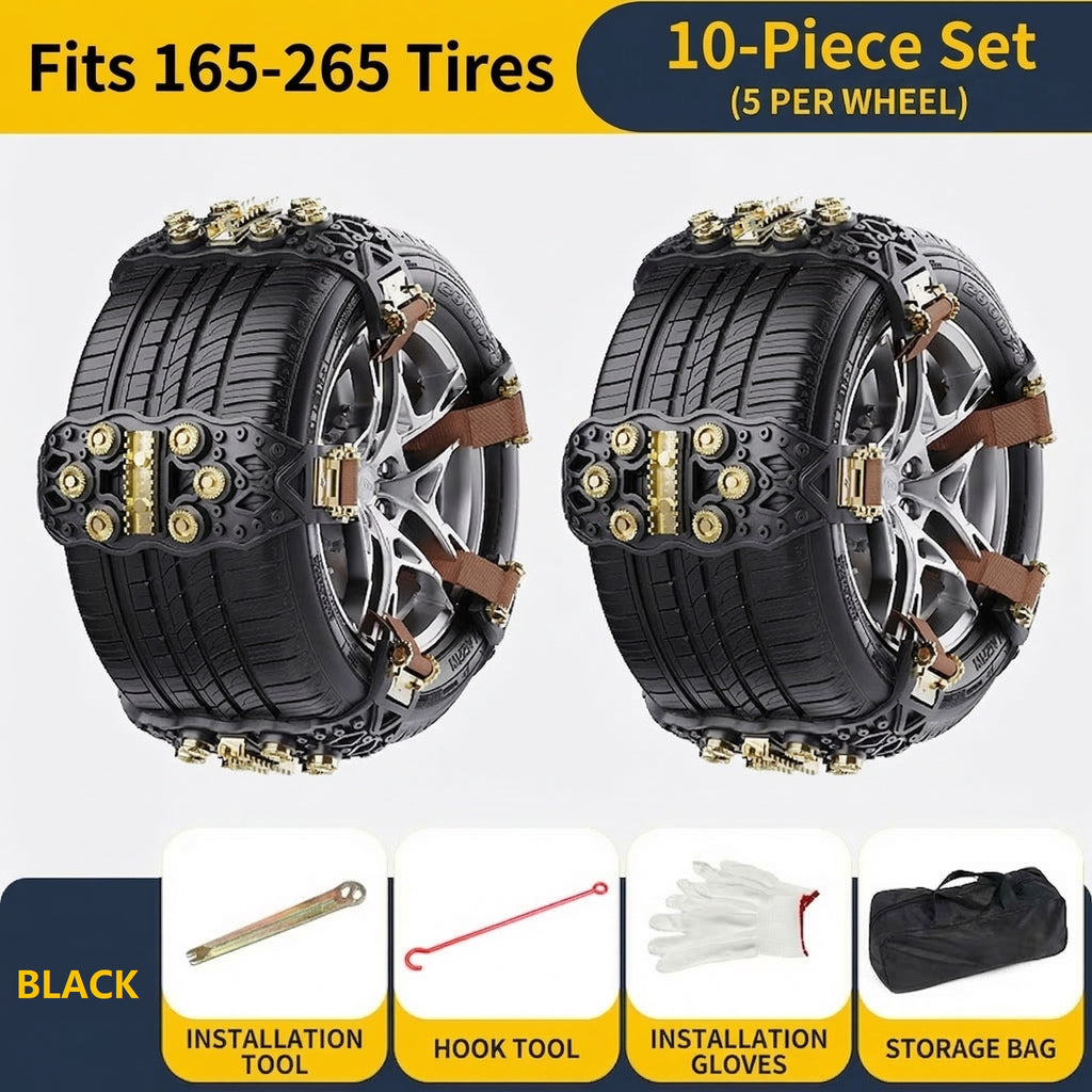 10-Pack Universal Anti-Skid Car Snow Chains – Traction Nails, Anti-Side-Slip, Easy to Install & Remove, All-Season Snow Tire Chains for Snow, Ice, Mud & Sand, Compatible with 4x4, Trailer, ATV, UTV, SUV, Truck, Pickup Tires, Width 165mm-265mm