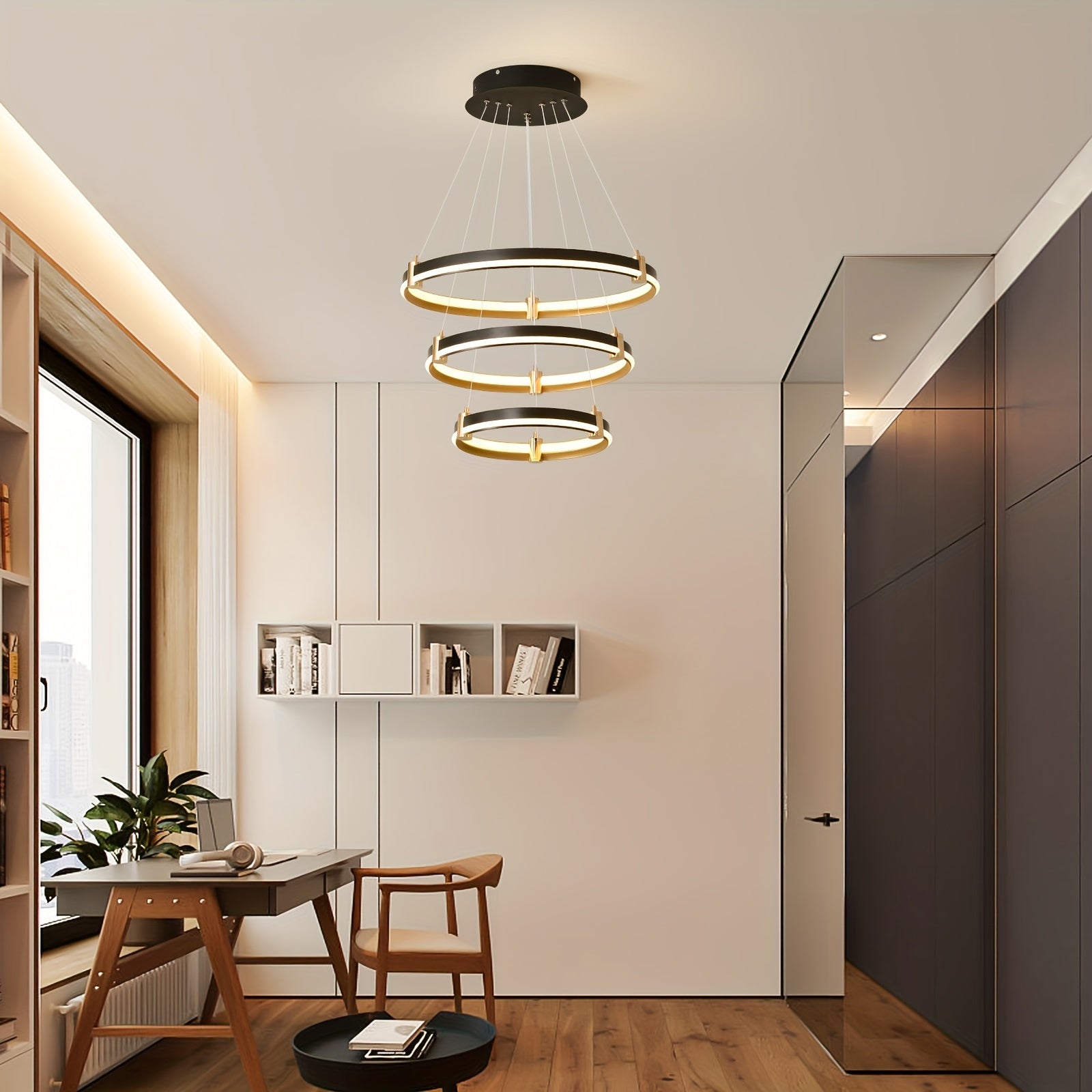 Modern LED pendant light, 90W dimmable modern LED black pendant light, 3-ring acrylic hanging pendant lighting fixture, kitchen island, dining room, living room, bedroom, foyer