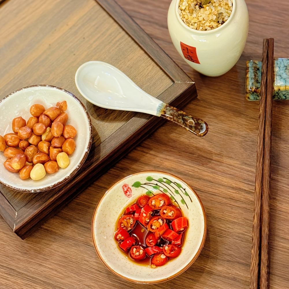 6-Piece Japanese Vintage Ceramic Small Plate Set – Round Porcelain Seasoning Dish, Sauce Dish, Snack Plate – Hot Pot Condiment Tray Set – Perfect for Home Kitchen, Western Restaurant Parties & Other Uses