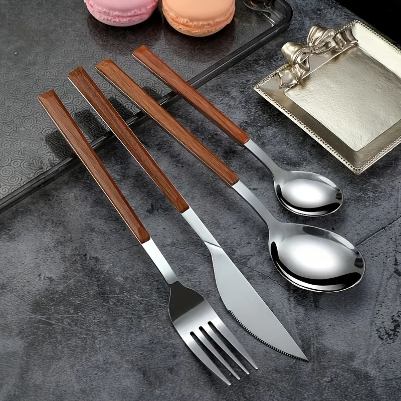 12-Piece Stainless Steel Cutlery Set with Faux Wood Handles – Includes Knives, Forks, Spoons & Coffee Spoons – Dishwasher Safe – Perfect for Home, Catering, Hotel Parties, Weddings