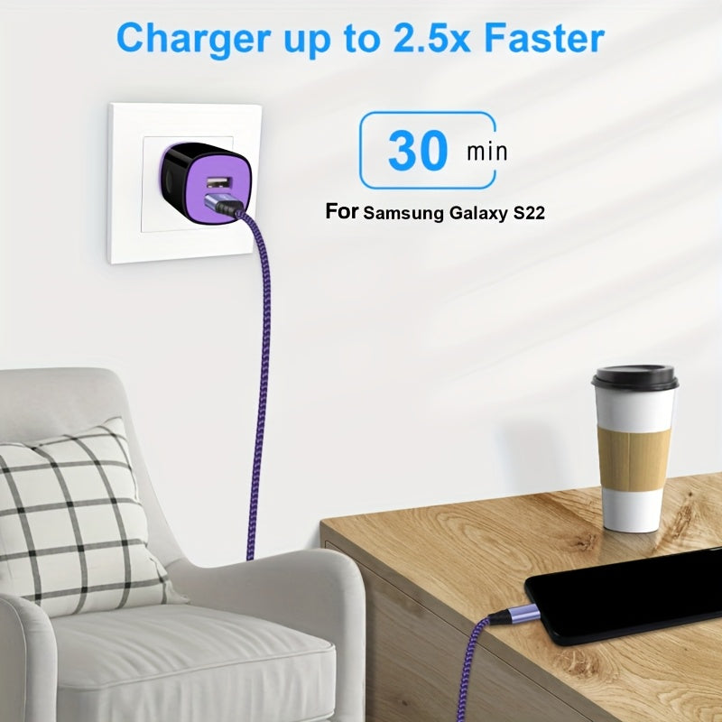 10W Fast Charger 5V/2.1A US Plug | 6ft USB A to USB C Nylon Braided Data Cable, Lightweight Design, 100V-240V Operating Voltage