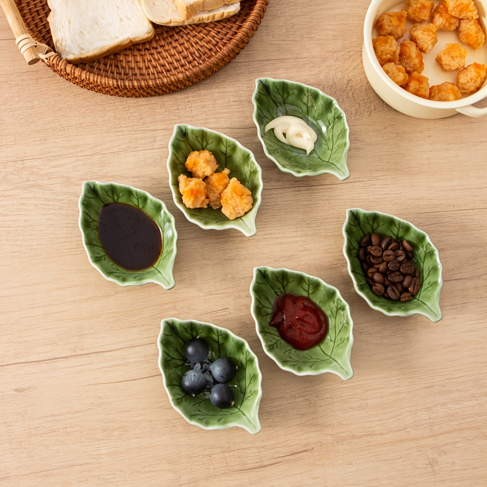 4/6pcs 40ml / 1.35oz Ceramic Dip Dish – Cute Green Leaf Soy Sauce Dish – Heat-Resistant Ceramic Espresso Measure Cup – Perfect for Serving Coffee, Sauce, Honey &amp; Milk – Espresso Bar Table Décor