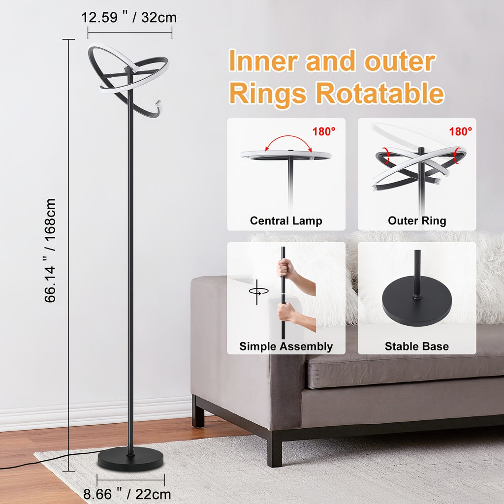 Modern rotatable floor lamp with remote control, dimmable black LED color-changing ambiance lighting, suitable for bedroom and living room, versatile shapes including heart shape, 48W LED floor lamp