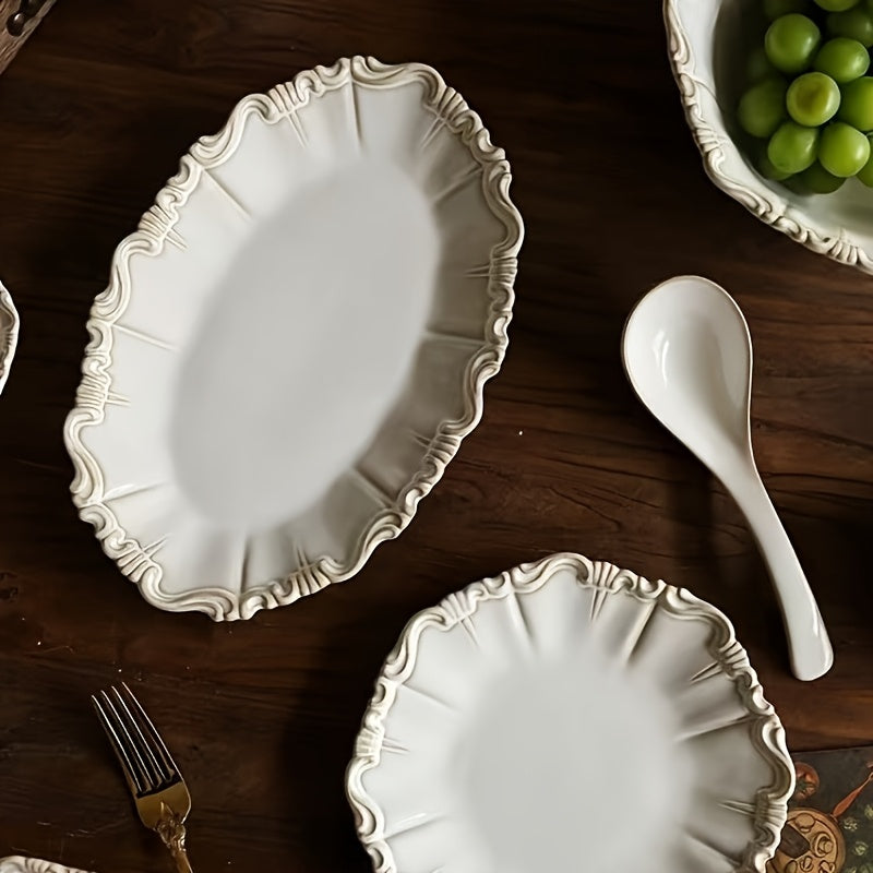 French Kiln-Changed Glaze Vintage 12-Inch Fish Plate, Ceramic Dinner Plate, Steamed Fish Dish, High Temperature Resistant, for Restaurant & Home Use