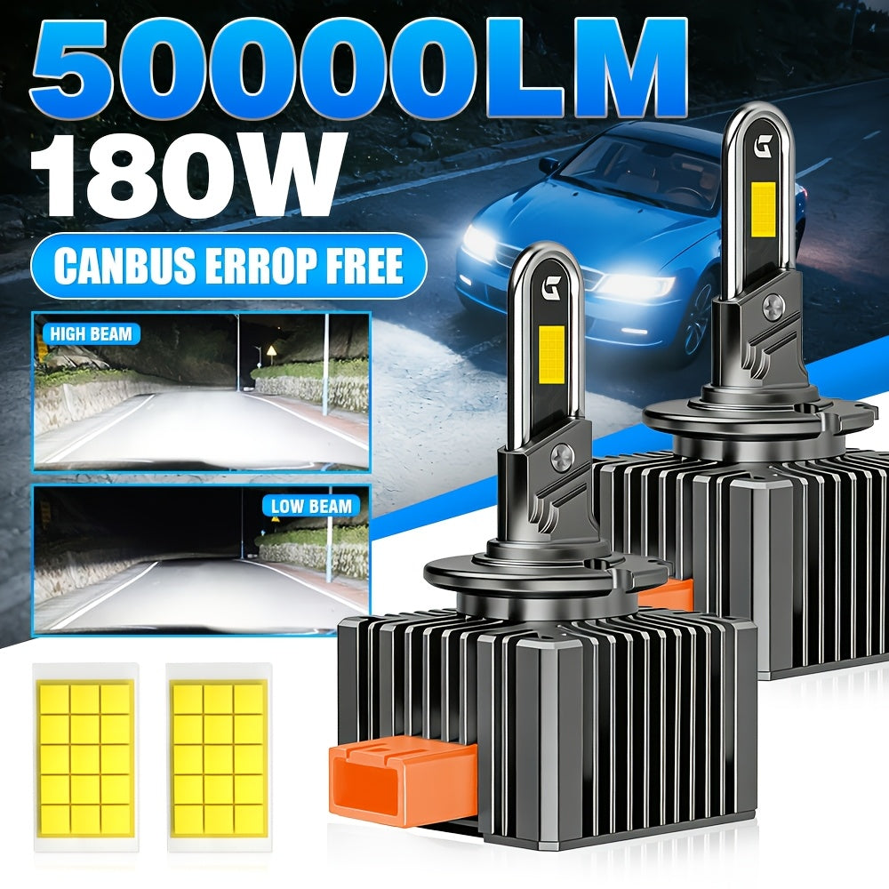 2-Pack Upgraded LED Headlight Bulb Kit, Compatible with D1S, D2S, D3S, D4S and D8S, 6000K White Light, 360° All-Around Heat Dissipation, 180W High Power, Super Bright CSP Chip Technology, Easy to Install, Battery Not Included