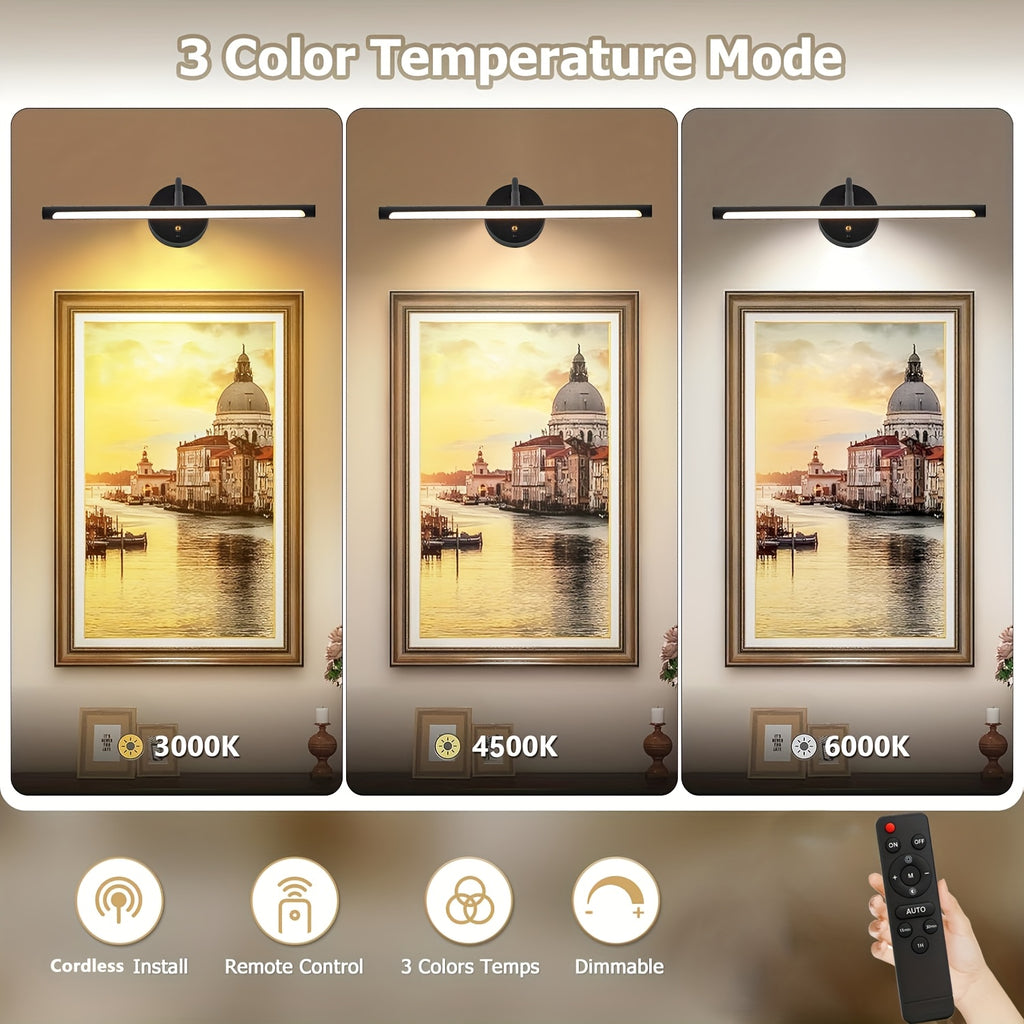LED Art Picture Light, Rechargeable Remote Control Wall Picture Light, 3-Color Adjustable Color Temperature, Magnetic Installation, Optional Black/Gold Housing – Suitable for Wall Washing, Photography, Murals, Artwork and Display Lighting