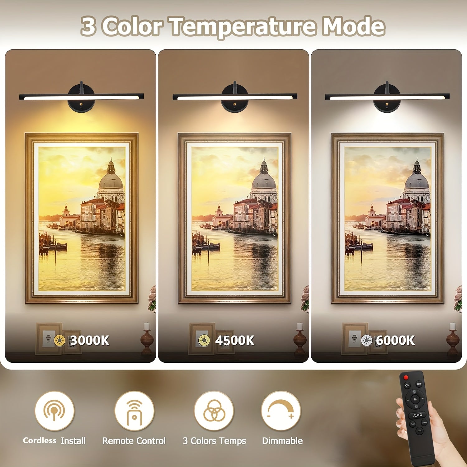LED Art Picture Light, Rechargeable Remote Control Wall Picture Light, 3-Color Adjustable Color Temperature, Magnetic Installation, Optional Black/Gold Housing – Suitable for Wall Washing, Photography, Murals, Artwork and Display Lighting