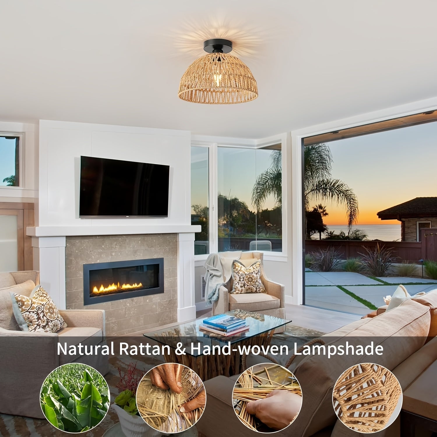 1 Bohemian Style Rattan Lamp with E27 Socket - Handwoven Rope Design, Semi-Flush Mount, Suitable for Bedroom, Hallway, Kitchen, Living Room, Dining Room Pendant Light, Rustic Coastal Style