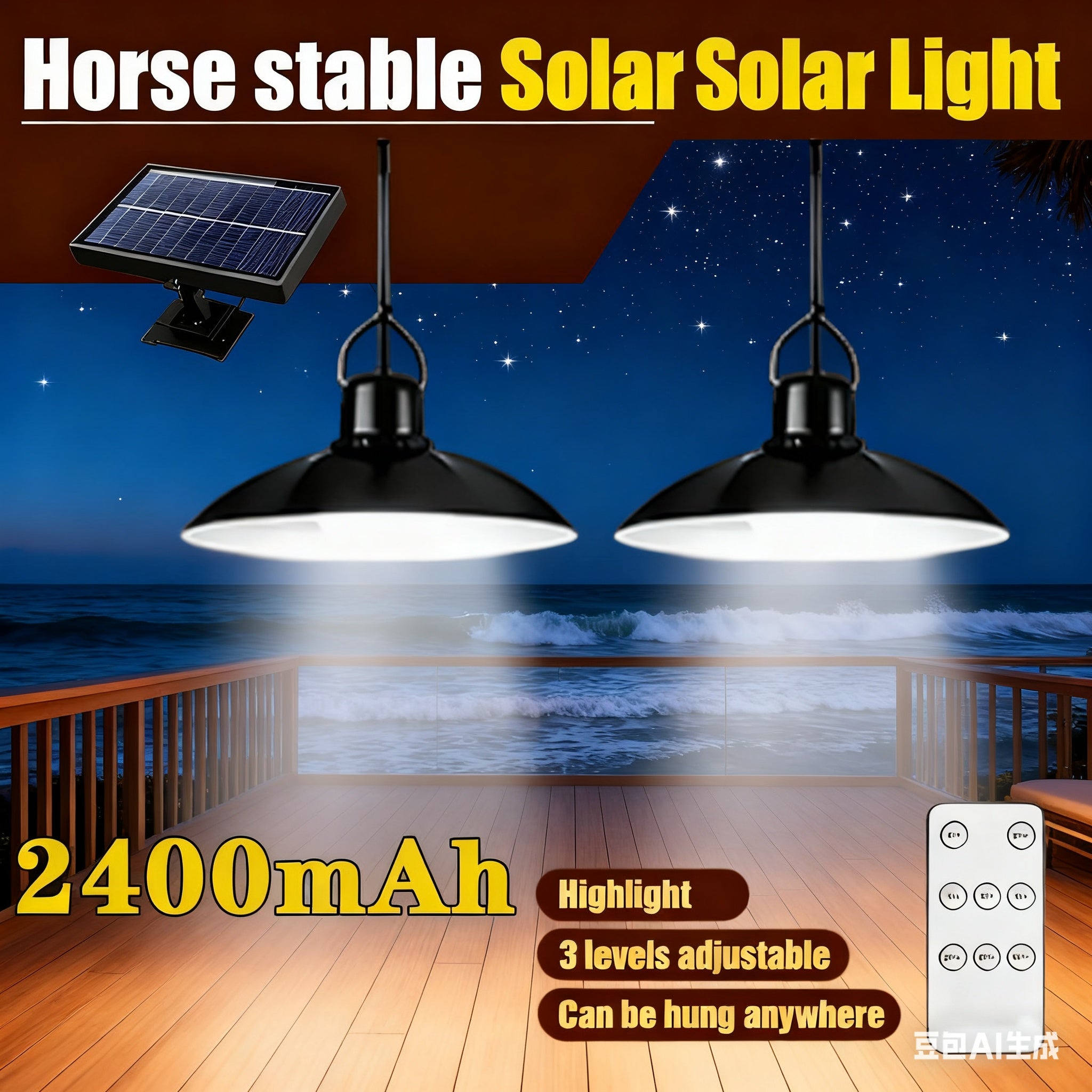 2-Light Solar Pendant Light with Remote Control - Indoor/Outdoor Rechargeable LED Bulb, Suitable for Porch, Shed, Garage, Garden, Patio Outdoor Lighting | Modern Style Pendant Light | Remote Control Light, Patio Decorative Lighting