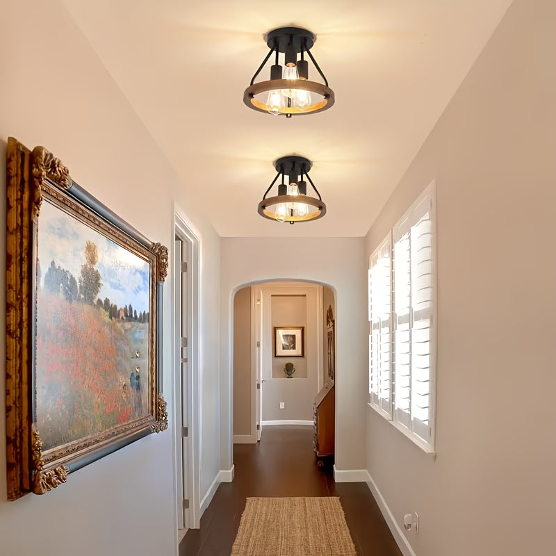 3-Light Metal Shade Wood Semi-Flush Mount Ceiling Light | Warm Glow Atmosphere Lighting, Suitable for Hallway, Bedroom and Kitchen, Modern Farmhouse Style Light Fixture, Living Room Chandelier, Rustic Decor, Oil-Rubbed Finish