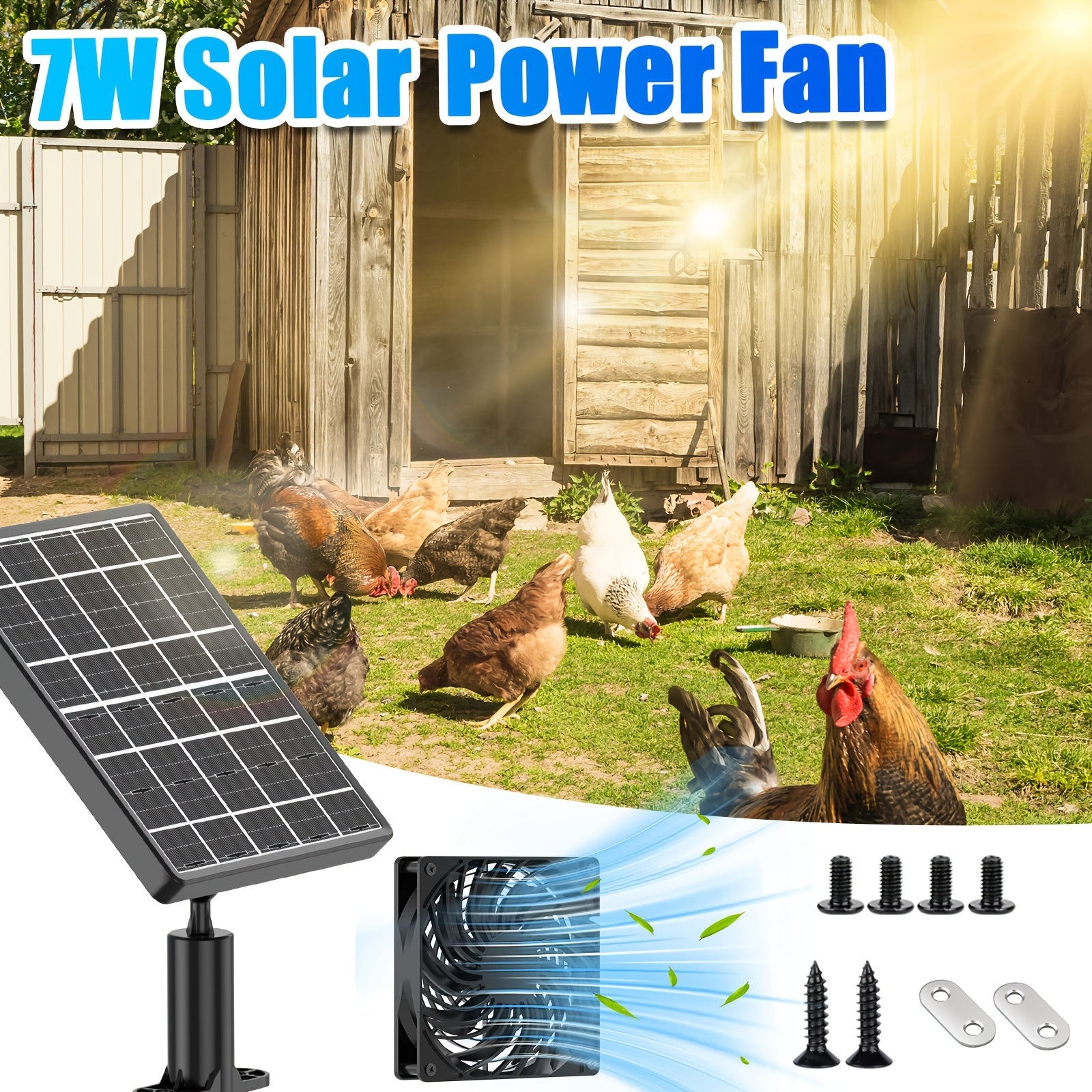 Solar Ventilation Cooling Fan, Exhaust or Air Intake Mode, Suitable for Outdoor Shed, Chicken Coop and Greenhouse, Comes with Installation Kit, IPX5 Waterproof, 7W/10W