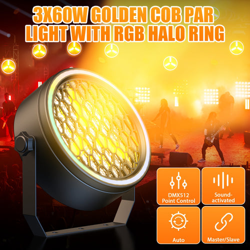 180W stage par light COB stage spotlight, backlight gold ultra-bright LED par light with light strip, DMX512 control, sound-activated retro upward lighting, suitable for events, clubs, weddings, theaters, churches, dance lighting