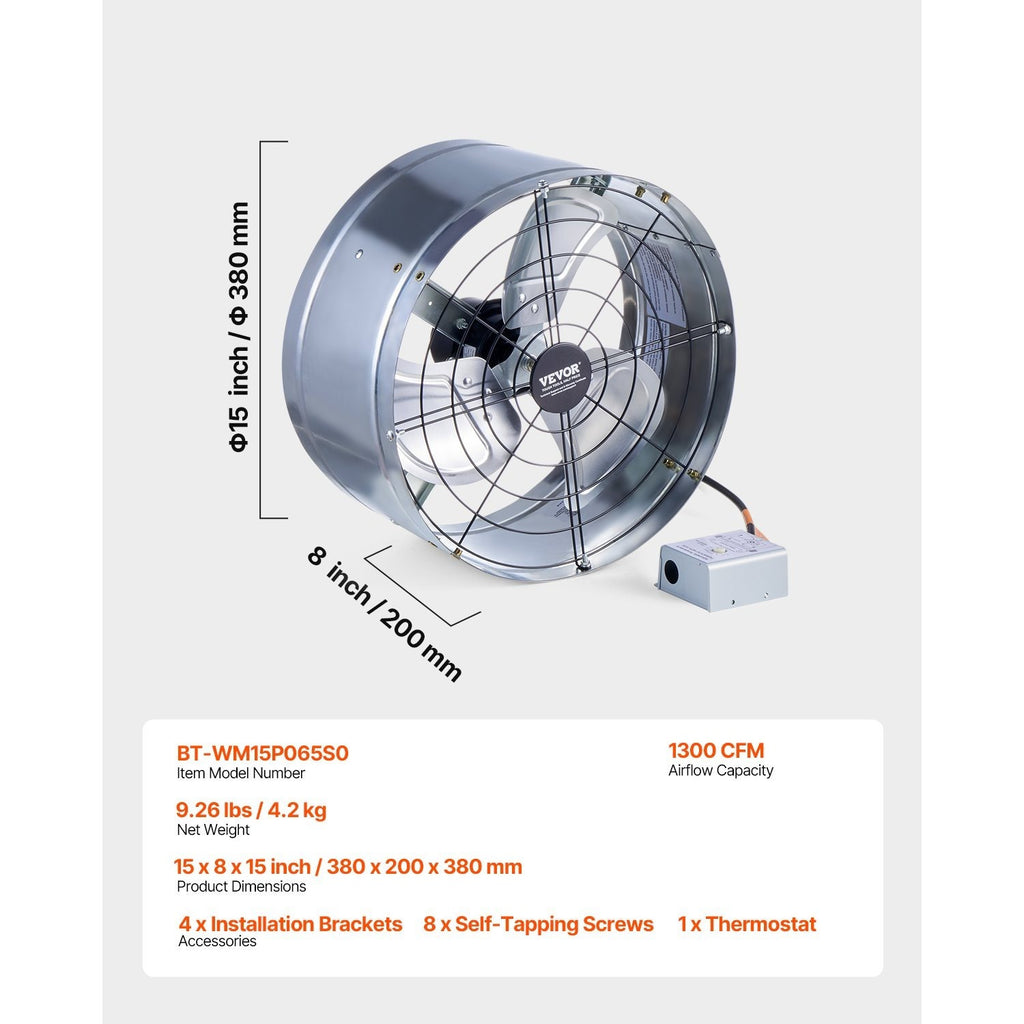 VEVOR 15"/16" Gable Mount Fan, 1300 CFM / 2940 CFM, Adjustable Thermostat Roof Exhaust Fan