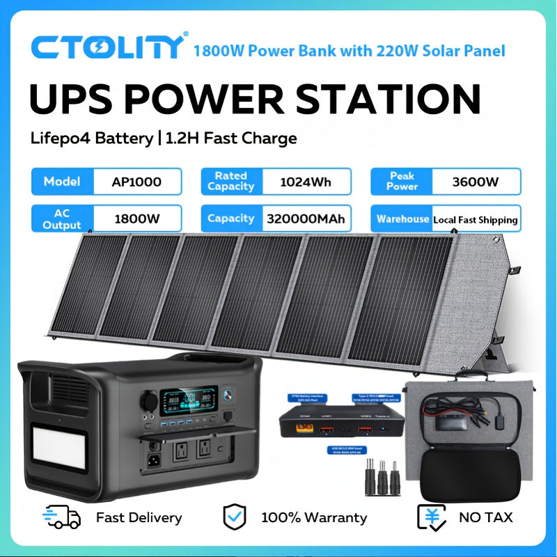 Ctolity 110W 太陽能板 (單體販售), 2400W/ 1800W/ 500W (峰值 4800W/ 3600W/1000W) 可攜式電源站, 2048Wh/ 1024Wh/ 345Wh LifePO4 電池, 400W/ 200W/ 100W 太陽能板可用於直接充電手機、筆記型電腦, UPS 功能