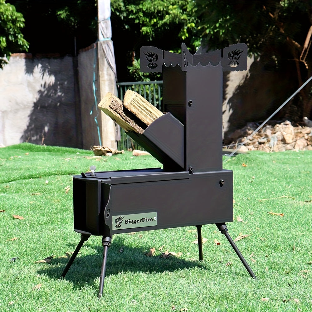 Portable Folding Wood Stove, Designed for Outdoor Cooking, Picnic, BBQ, Hunting & Fishing, Cast Steel Construction with Carrying Bag