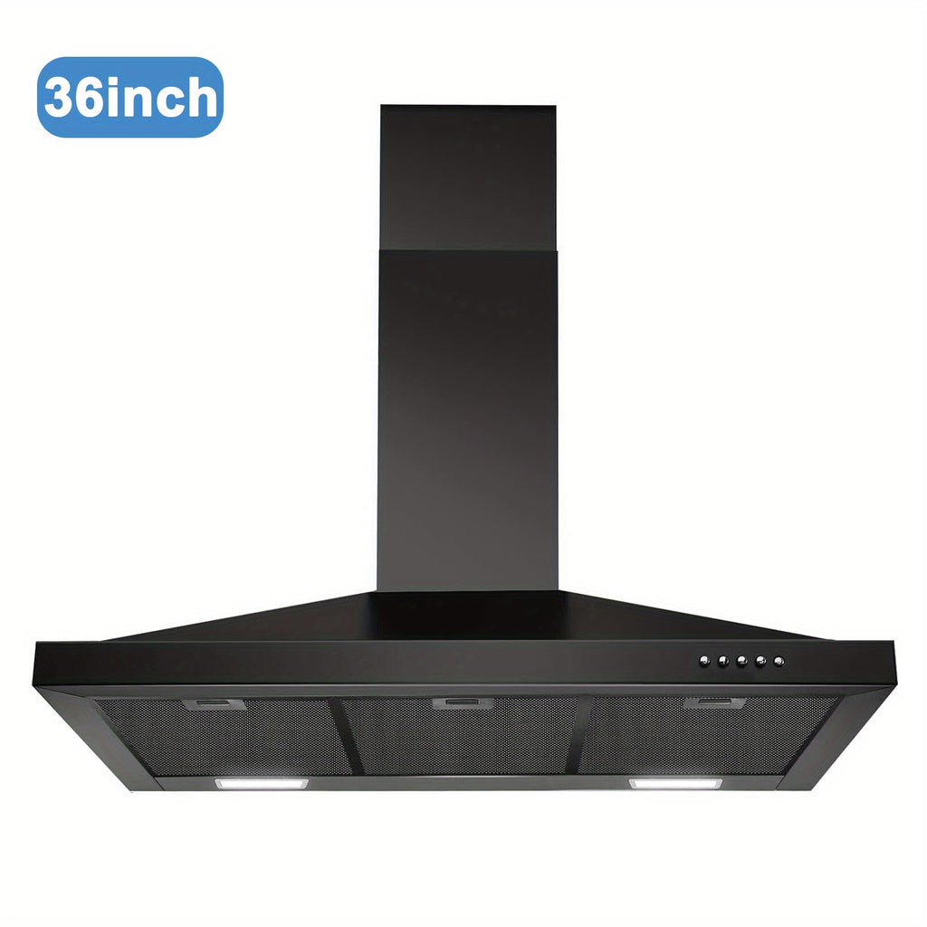Wall-Mounted Chimney Style, Black Painted Ventilation Chimney, 3-Speed Exhaust Fan, LED Light, Push-Button Control, 450CFM Strong Suction, 3 Sizes [24", 30", 36"]