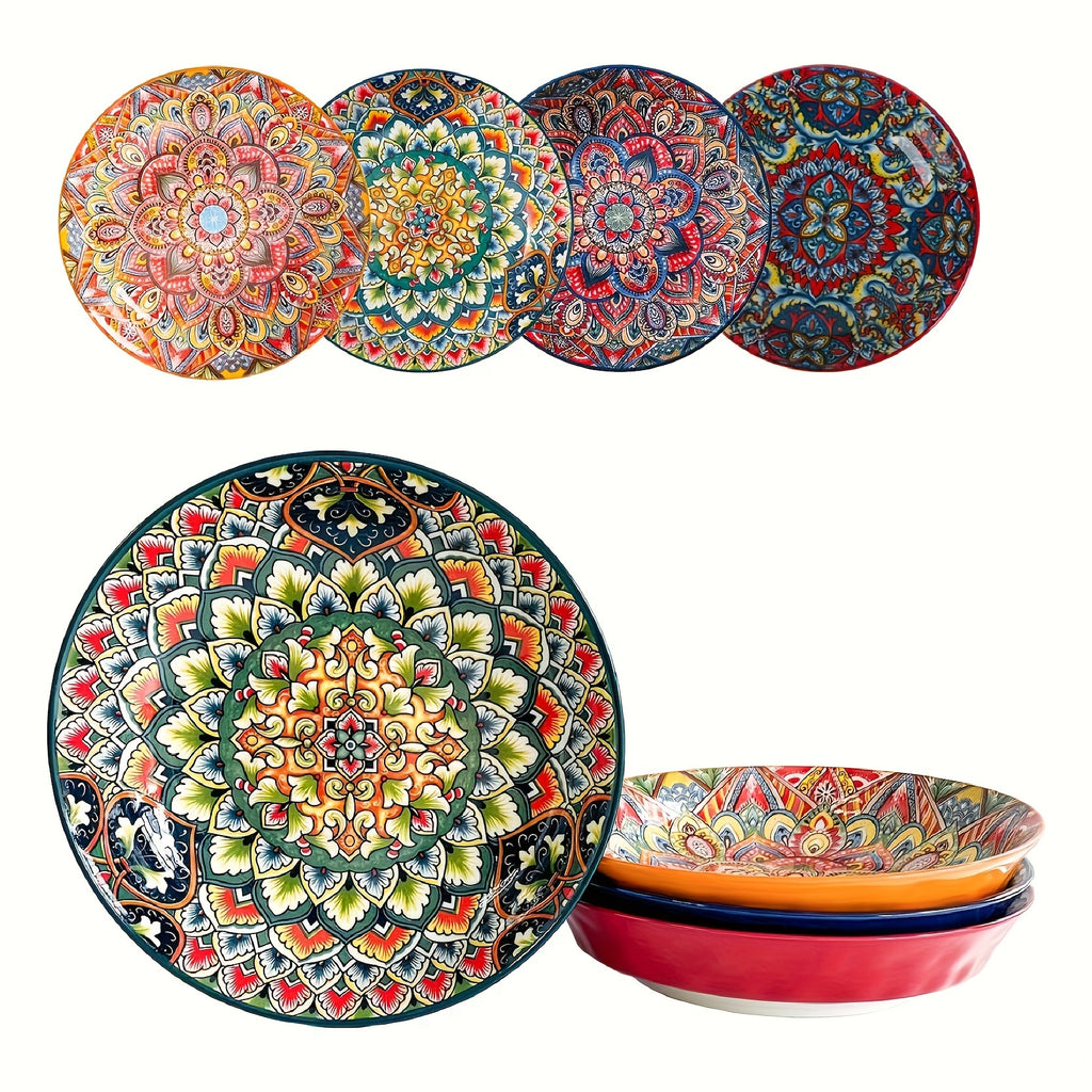 1-Piece Bohemian Floral Theme Ceramic Dinner Plate – 8-Inch Round Decorative All-Season Tableware, Perfect for Steak, Pasta, Breakfast – Microwave Safe Ceramic Dishware – Great for Christmas Gifts, Restaurant & Home Use
