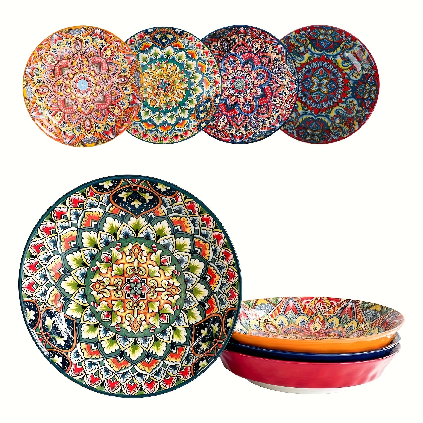 1-Piece Bohemian Floral Theme Ceramic Dinner Plate – 8-Inch Round Decorative All-Season Tableware, Perfect for Steak, Pasta, Breakfast – Microwave Safe Ceramic Dishware – Great for Christmas Gifts, Restaurant & Home Use