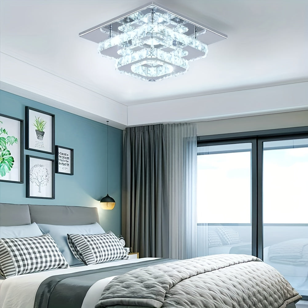 Crystal ceiling light square chandelier modern LED recessed two-layer ceiling light lighting fixture suitable for dining room living room bedroom kitchen hallway hall (cool white light)