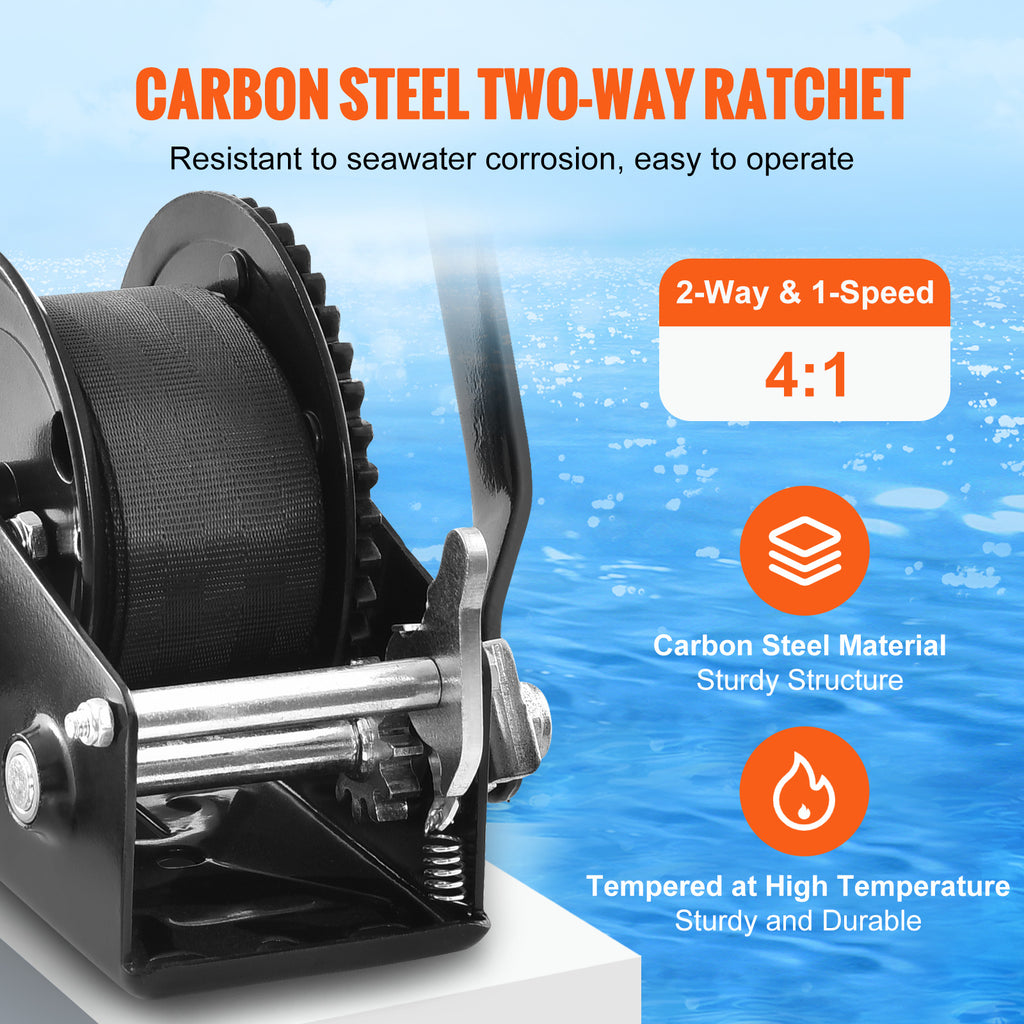 VEVOR Hand Winch, 1200/1600/2000/3500 lbs Pulling Capacity, Boat Trailer Winch with 23 ft Polyester Strap and Two-Way Ratchet, for Trailer, Boat or ATV Towing