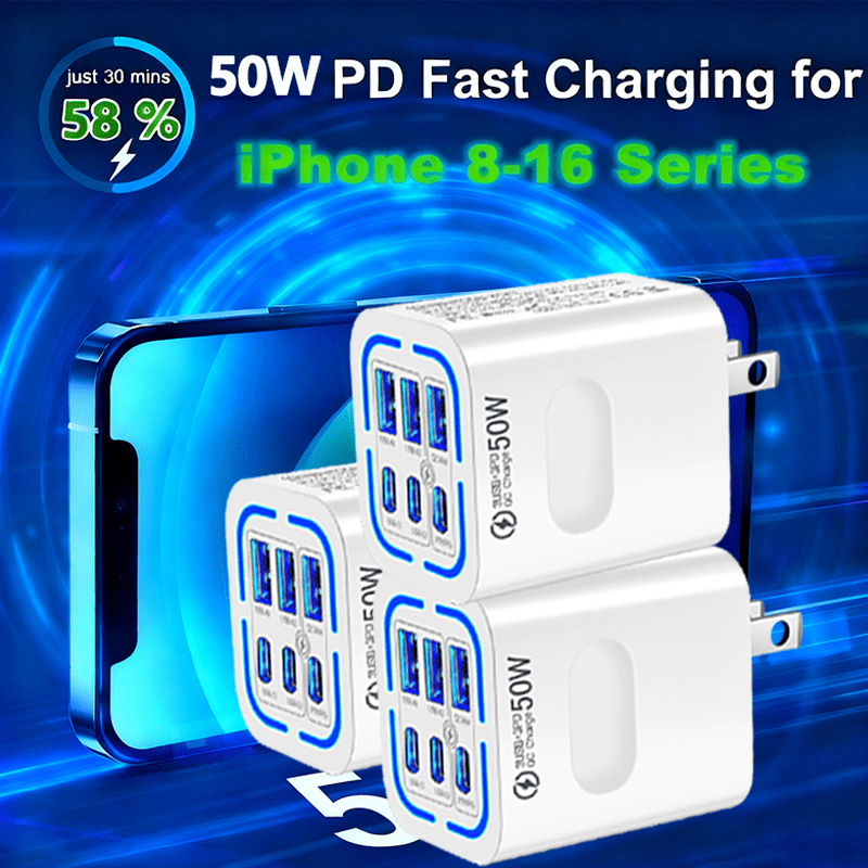 50W US Standard Plug, 3 USB-C + 3 Type C Port Compact Power Adapter | Fast Charging, for iPhone 17 16 15 14 13 12 11 Pro Max Plus, for Samsung, Airpods, iPad, MacBook - UK Charger, US Specification Plug