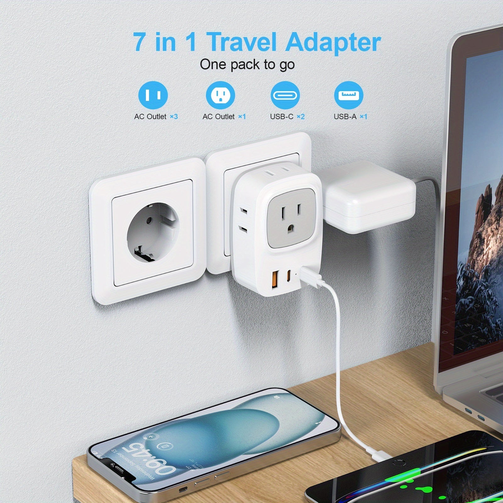 European Travel Plug Adapter with USB Ports(1 USB C), International Plug Adapter with 4 AC Outlets And 3 USB Charging Ports, USB Total Output 5V/3.1A, Type C Power Adapter Charger, Suitable for Travel, US to Most Of Europe, EU Italy Iceland France