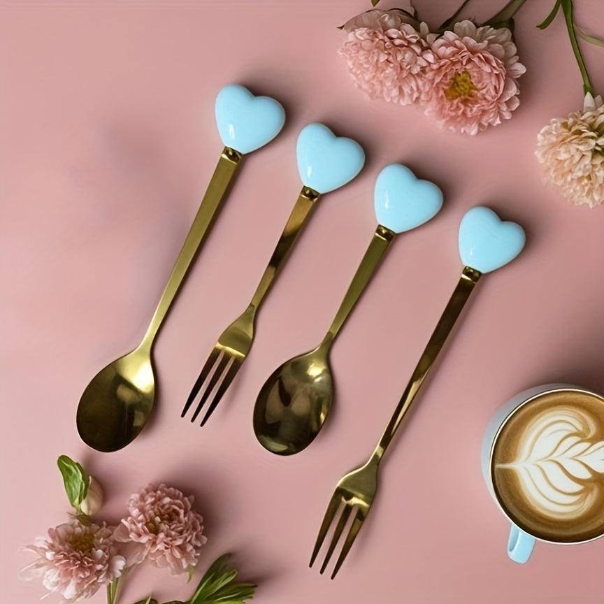 Luxury Stainless Steel Fork Spoon Set (2/4 Pieces), Fashion Tableware, Perfect for Afternoon Tea, Wedding, Cafe, Ideal Gift for Women, Travel Essential, Colorful Ice Cream Dessert Spoon for Summer Cake Yogurt