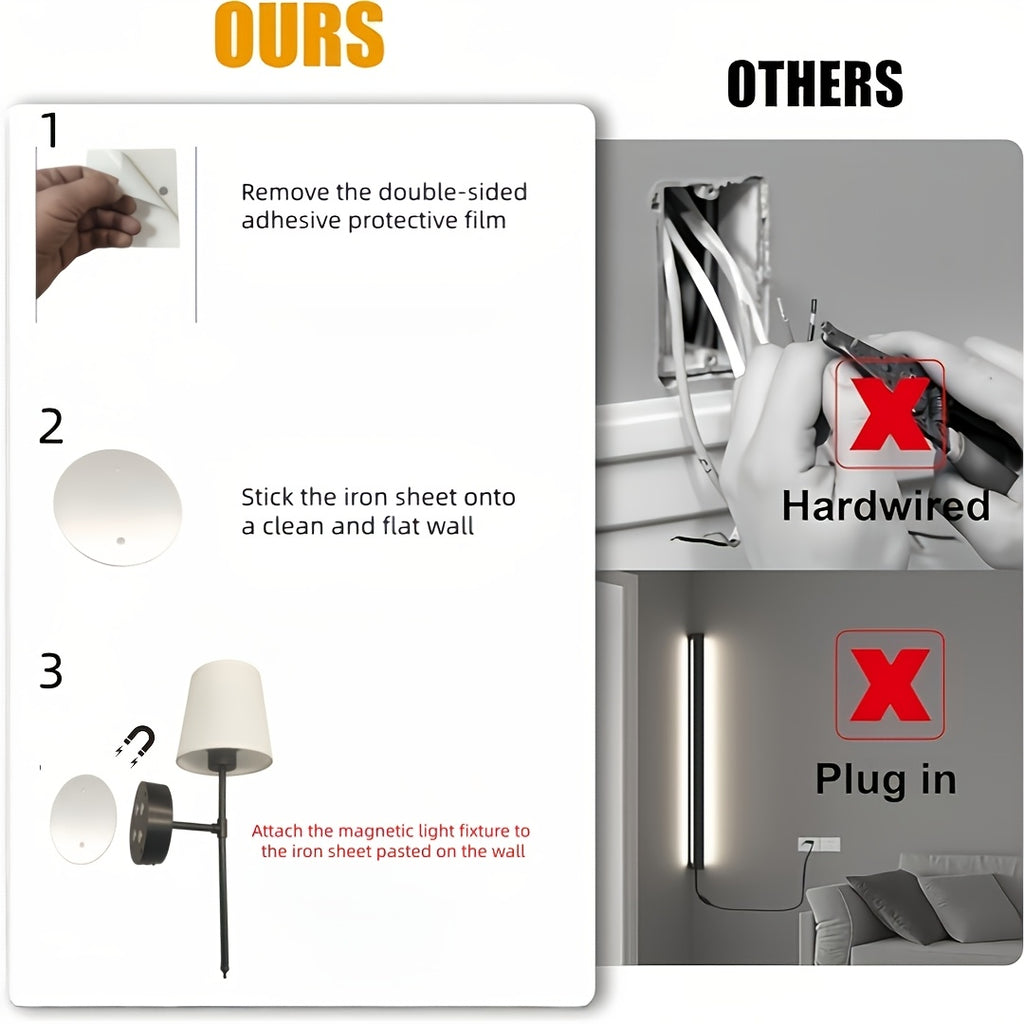 Wall-mounted battery-powered wall light, black rechargeable wall light, with 4000mAh dimmable bulb and remote control, adhesive wall light, 3 color temperatures optional, supports remote and touch control